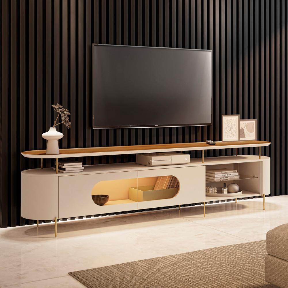 Rack Bancada Aria Led Para Tv Até 85” Polegadas Pés Em Aço Off White/cinamomo - 2