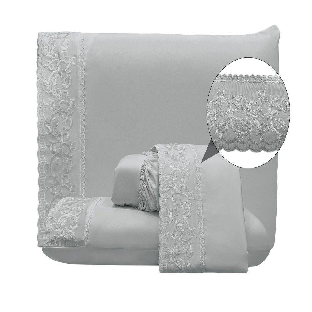 Jogo Lençol Queen Nuance Bordado Inglês 4pç 100% Poliéster - Cinza - 1