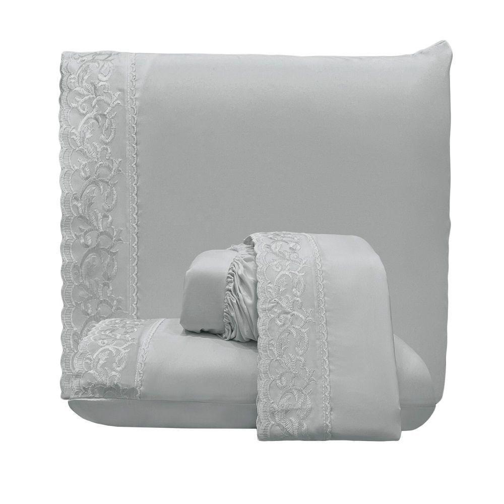 Jogo Lençol Queen Nuance Bordado Inglês 4pç 100% Poliéster - Cinza - 3
