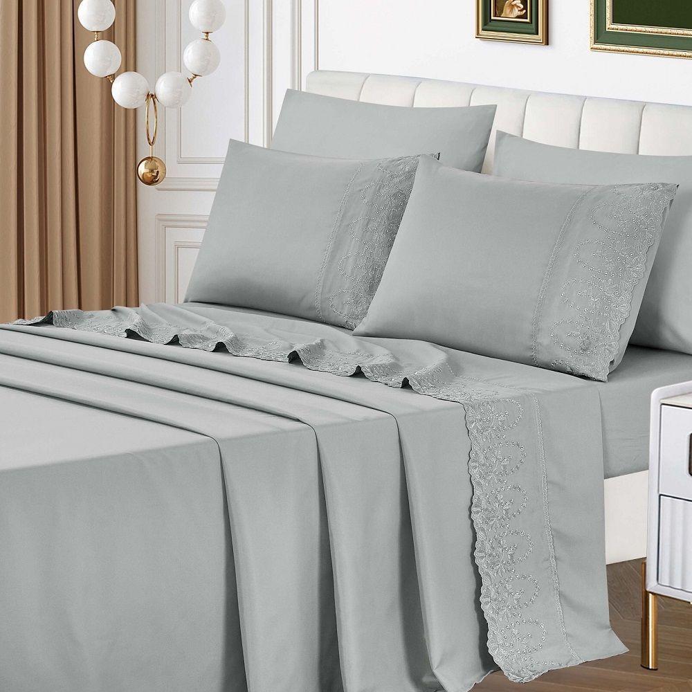 Jogo Lençol King Jade Bordado Inglês 4pç 100% Poliéster - Cinza - 4