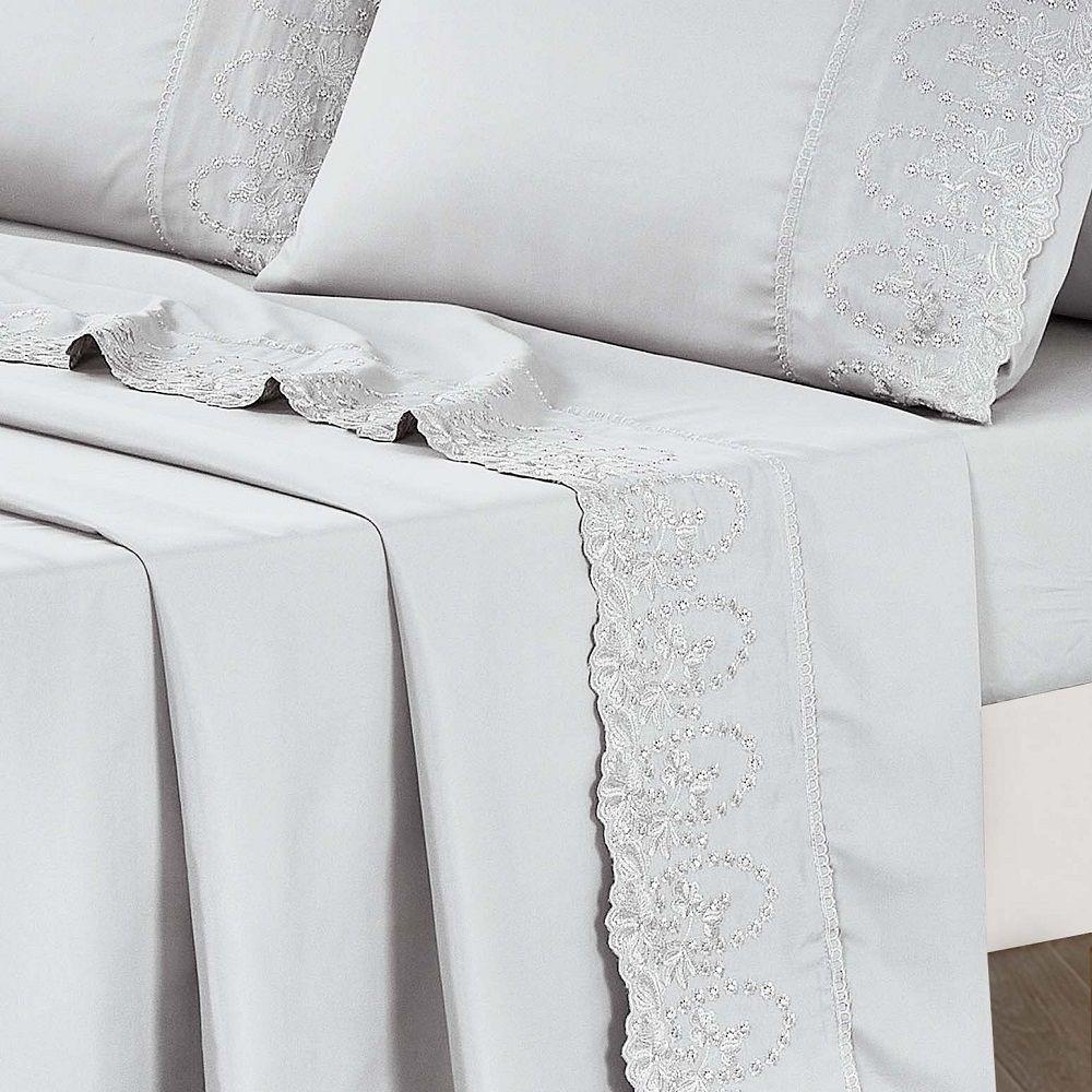 Jogo Lençol King Jade Bordado Inglês 4pç 100% Poliéster - Cinza - 5