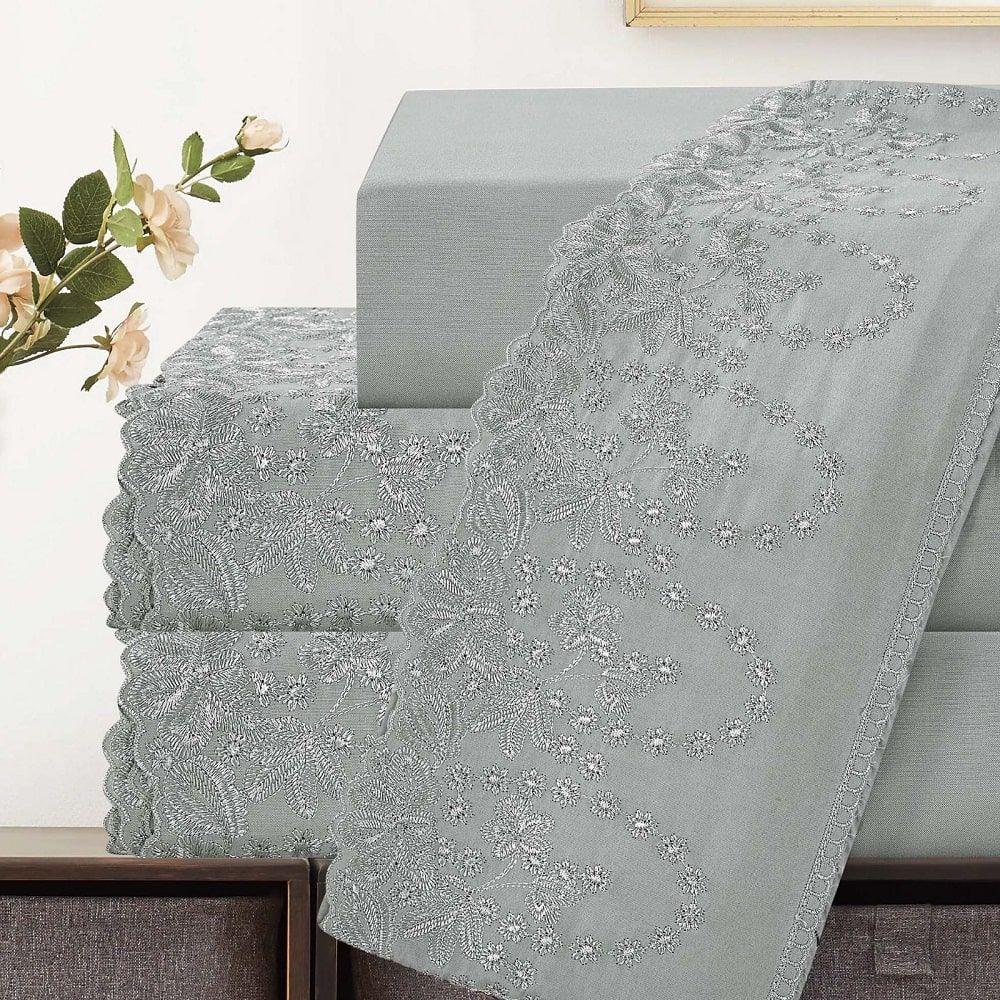 Jogo Lençol Queen Jade Bordado Inglês 4pç 100% Poliéster - Cinza - 2