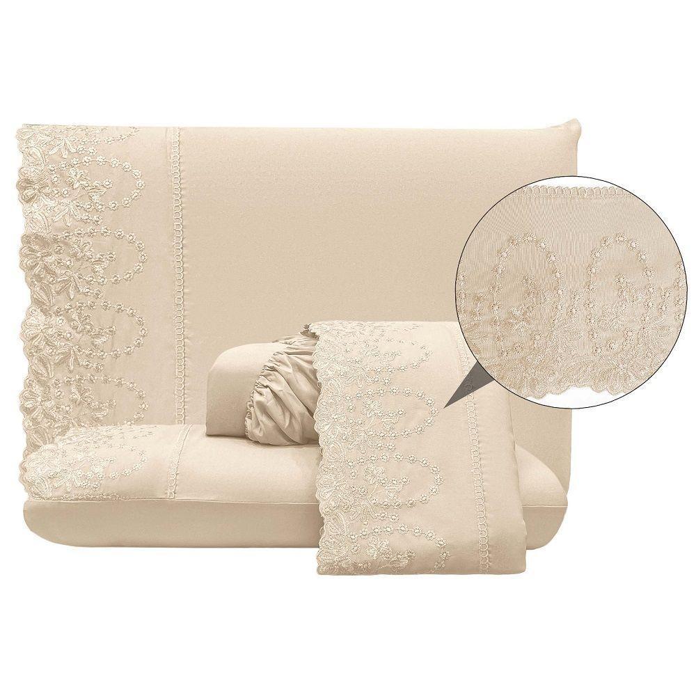 Jogo Lençol Queen Jade Bordado Inglês 4pç 100% Poliéster - Perol - 1