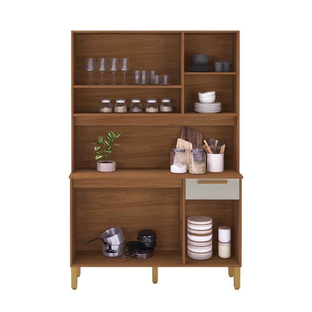 Armário De Cozinha Compacta Fidelitá Grécia 120cm 5 Portas 1 Gaveta Com Tampo E Fundo Freijó/off-white - 3