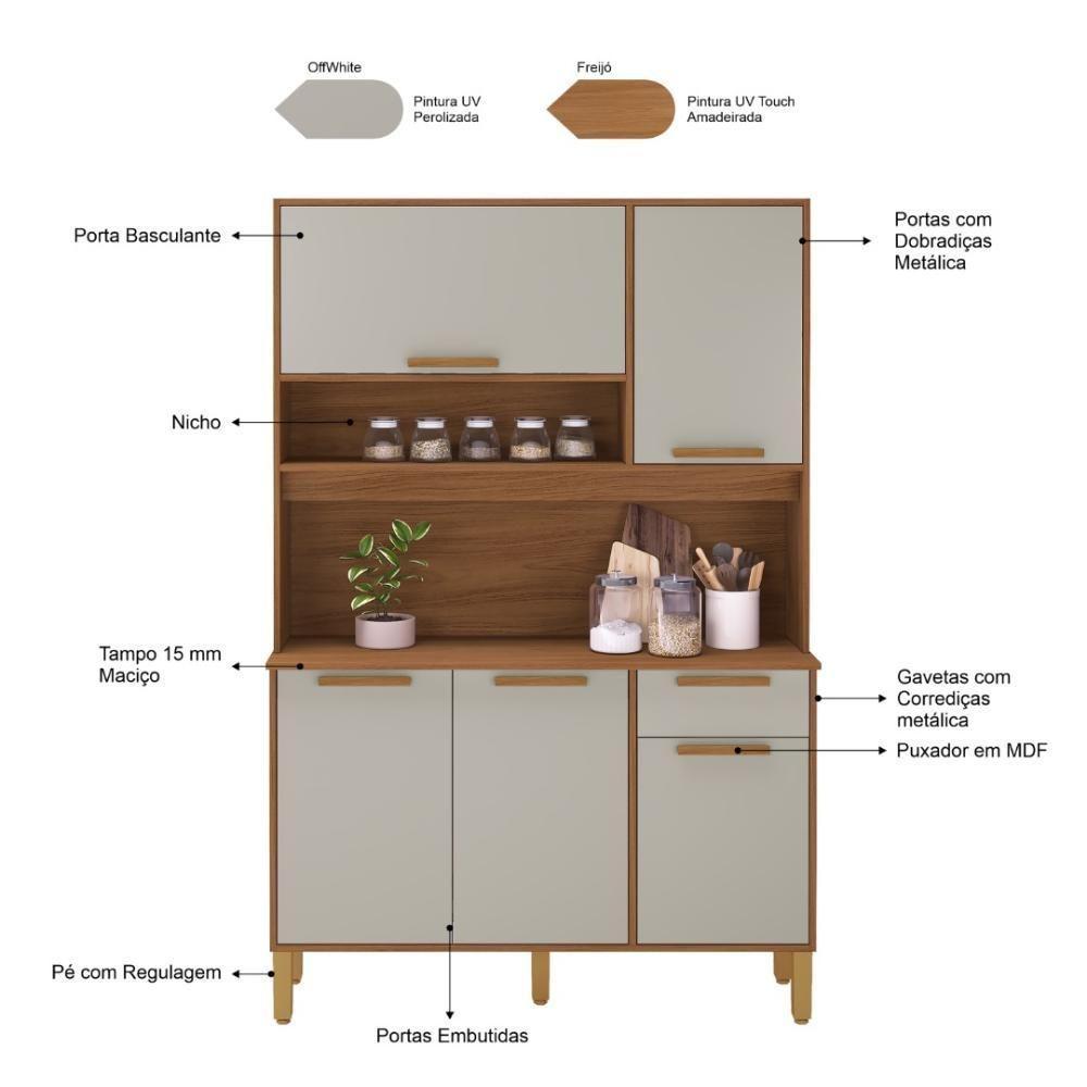 Armário De Cozinha Compacta Fidelitá Grécia 120cm 5 Portas 1 Gaveta Com Tampo E Fundo Freijó/off-white - 5