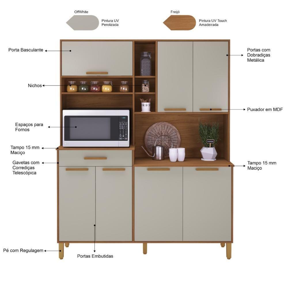 Armário De Cozinha Compacta Fidelitá Amsterdã 160cm 7 Portas 1 Gaveta Com Tampo E Fundo Freijó/off-white - 5