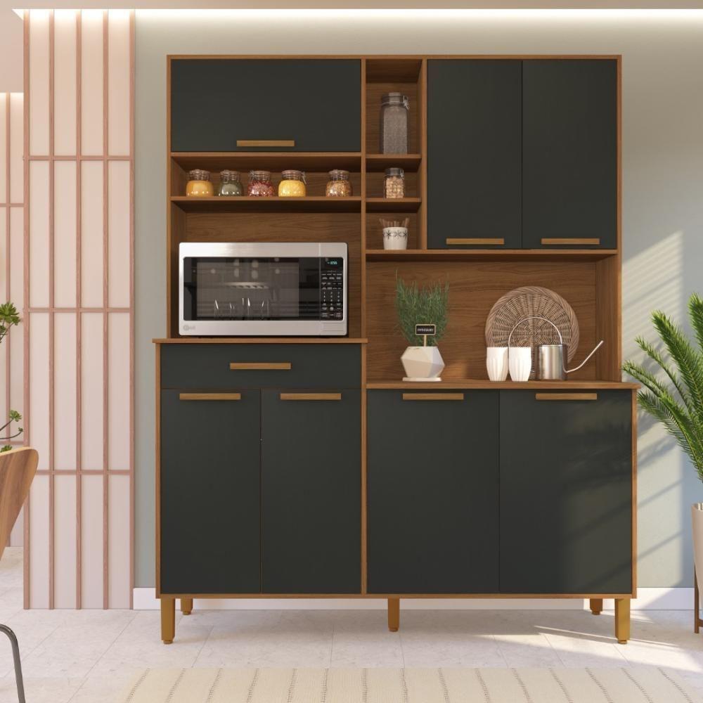 Armário De Cozinha Compacta Fidelitá Amsterdã 160cm 7 Portas 1 Gaveta Com Tampo E Fundo Freijó/chumbo - 1