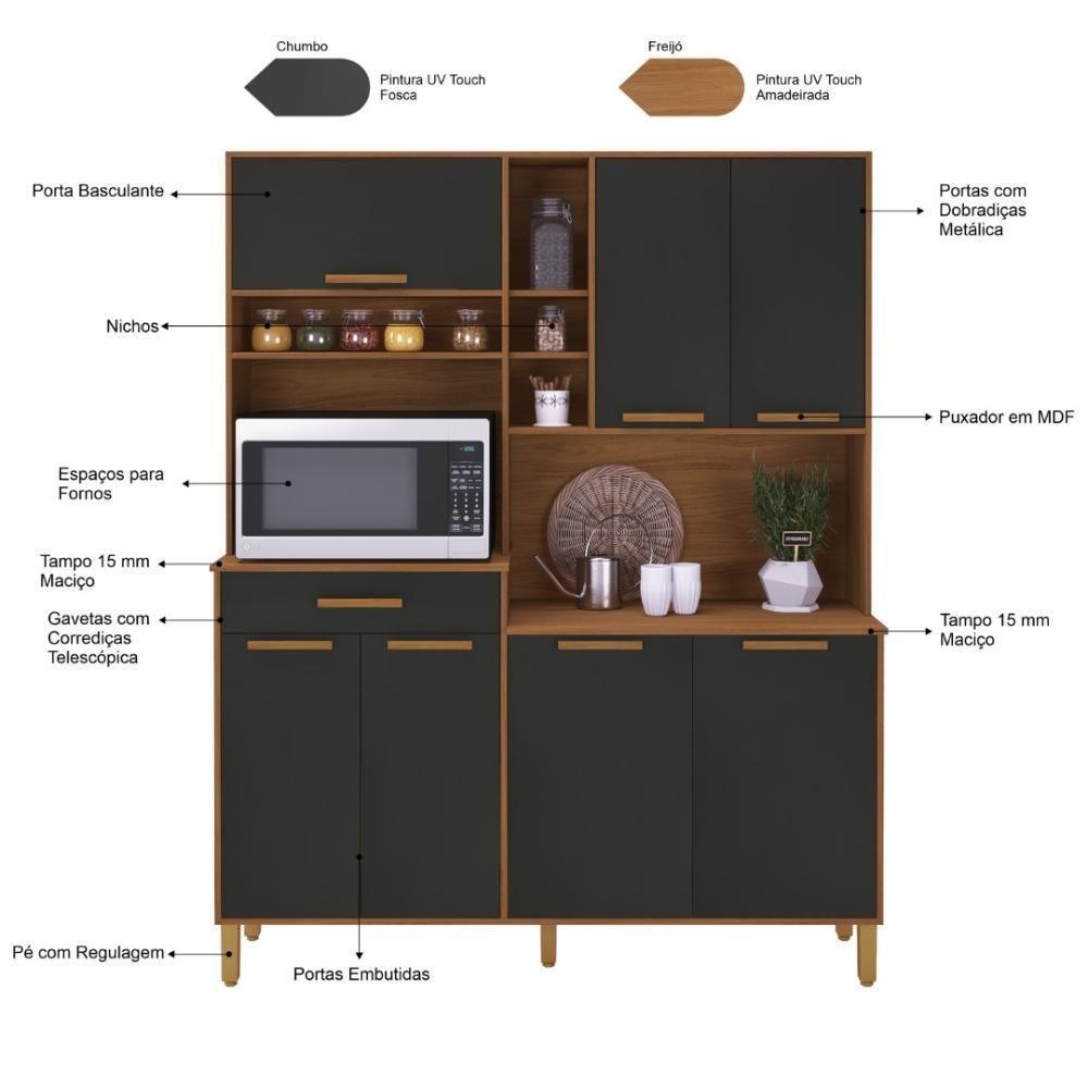 Armário De Cozinha Compacta Fidelitá Amsterdã 160cm 7 Portas 1 Gaveta Com Tampo E Fundo Freijó/chumbo - 5