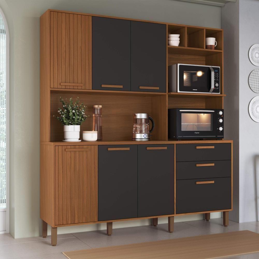 Armário De Cozinha Compacta Fidelitá Barcelona 180cm 7 Portas 2 Gaveta Com Tampo E Fundo Freijó/chumbo - 1