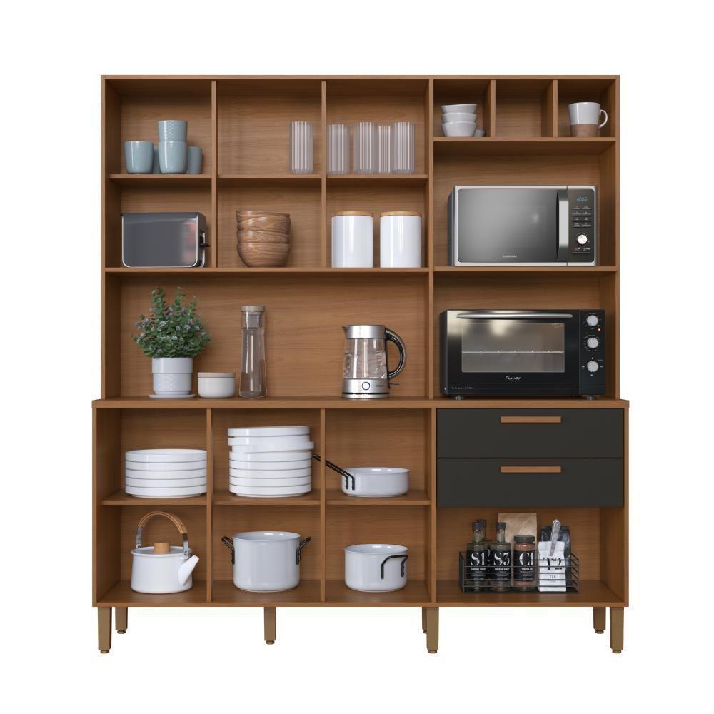 Armário De Cozinha Compacta Fidelitá Barcelona 180cm 7 Portas 2 Gaveta Com Tampo E Fundo Freijó/chumbo - 3