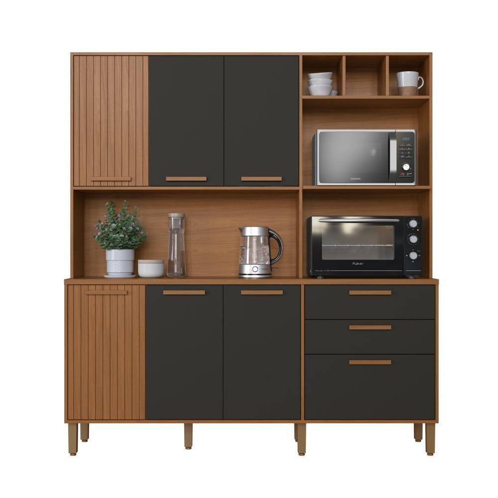 Armário De Cozinha Compacta Fidelitá Barcelona 180cm 7 Portas 2 Gaveta Com Tampo E Fundo Freijó/chumbo - 4