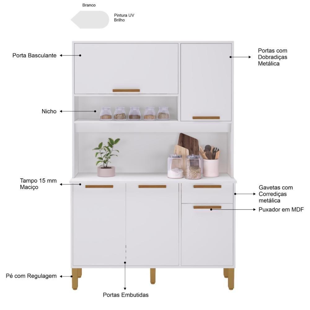 Armário De Cozinha Compacta Fidelitá Grécia 120cm 5 Portas 1 Gaveta Com Tampo E Fundo Branco - 5