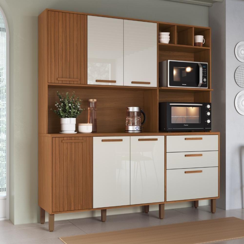 Armário De Cozinha Compacta Fidelitá Barcelona 180cm 7 Portas 2 Gaveta Com Tampo E Fundo Freijó/off-white - 1