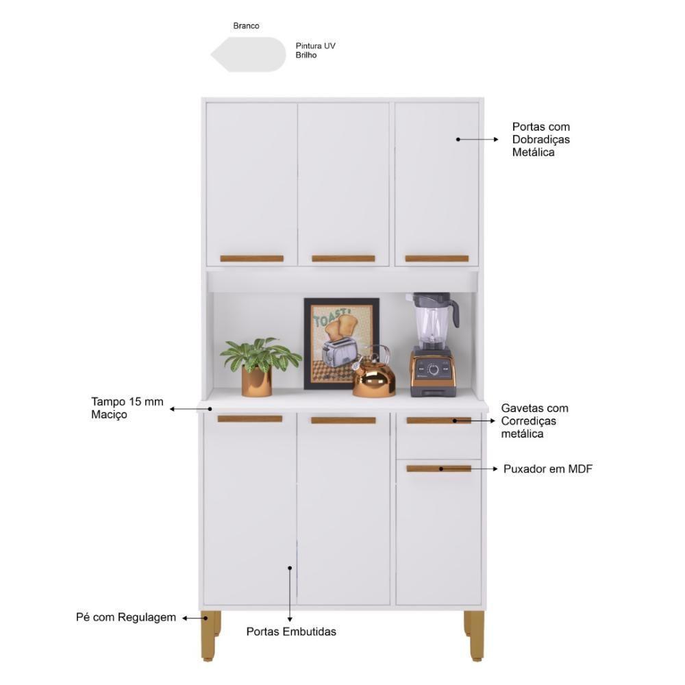 Armário De Cozinha Compacta Fidelitá Bari 90cm 6 Portas 1 Gaveta Com Tampo E Fundo Branco - 5