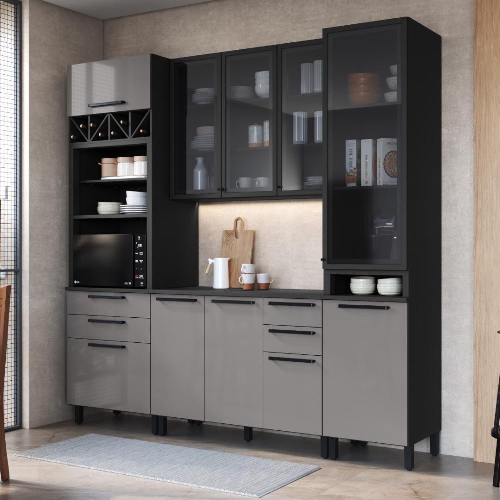 Cozinha Modulada Compacta Fidelitá Mônaco 4 Peças 240cm 10 Portas 4 Gavetas Com Tampo Chumbo/titânio - 1