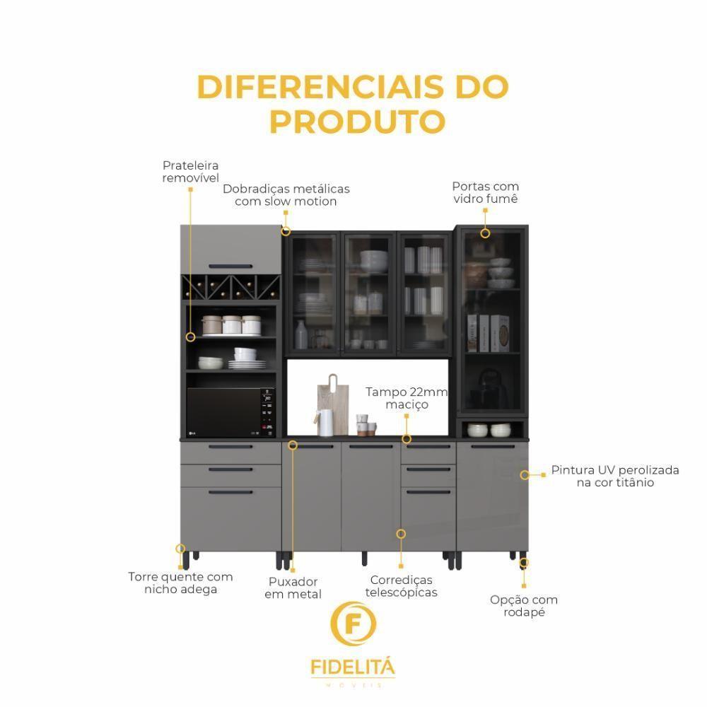 Cozinha Modulada Compacta Fidelitá Mônaco 4 Peças 240cm 10 Portas 4 Gavetas Com Tampo Chumbo/titânio - 5