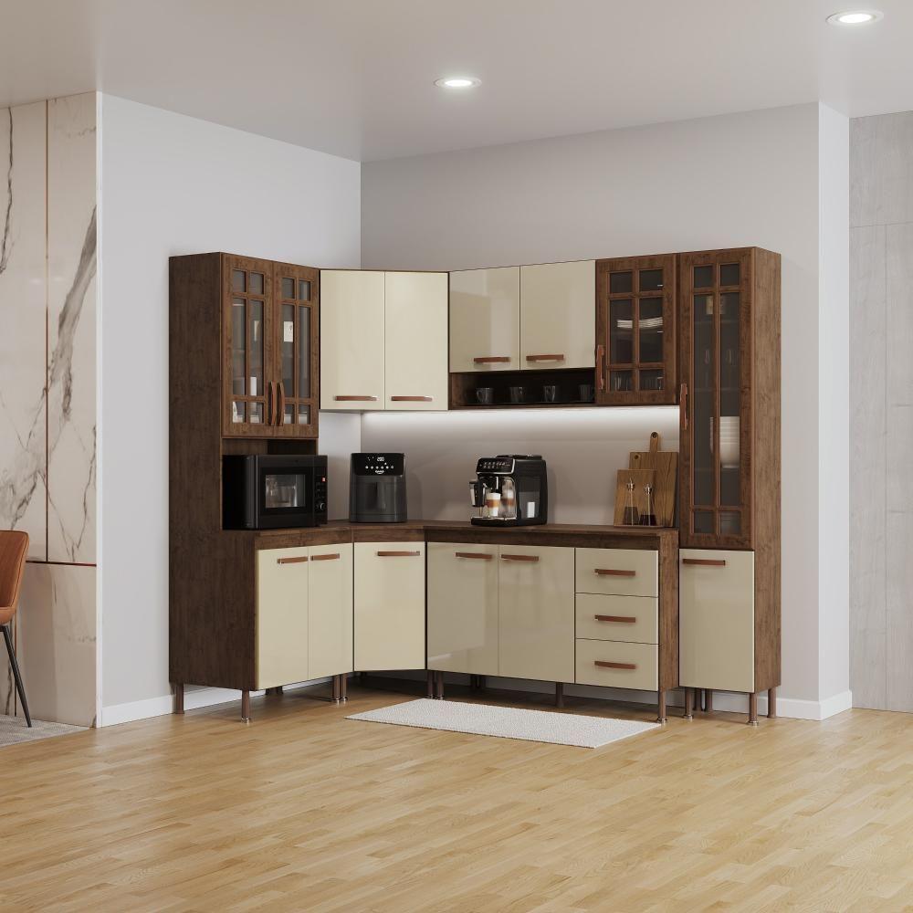 Cozinha Modulada Completa Fidelitá Lisboa 6 Peças 375cm 14 Portas 3 Gavetas Com Tampo Noce/off-white - 1