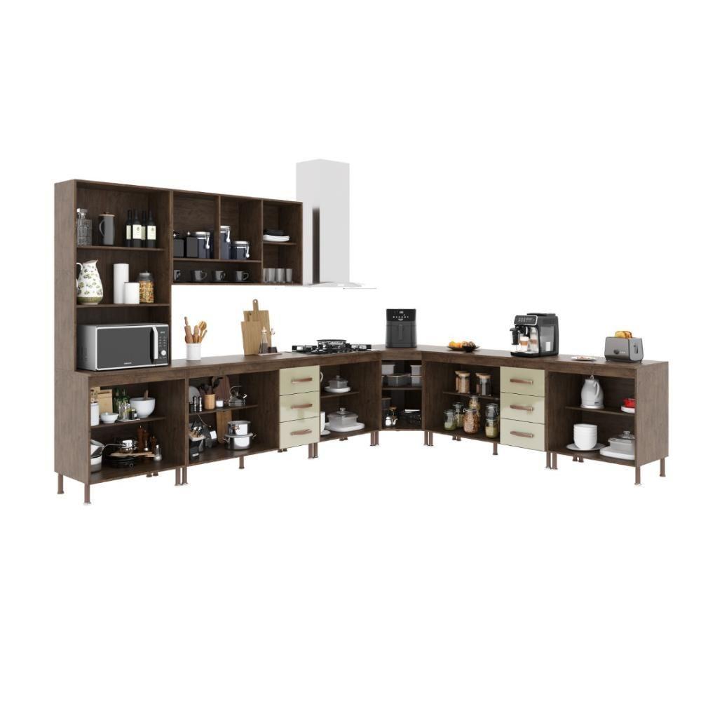 Cozinha Modulada Completa Fidelitá Lisboa 7 Peças 600cm 16 Portas 6 Gavetas Com Tampo Noce/off-white - 1