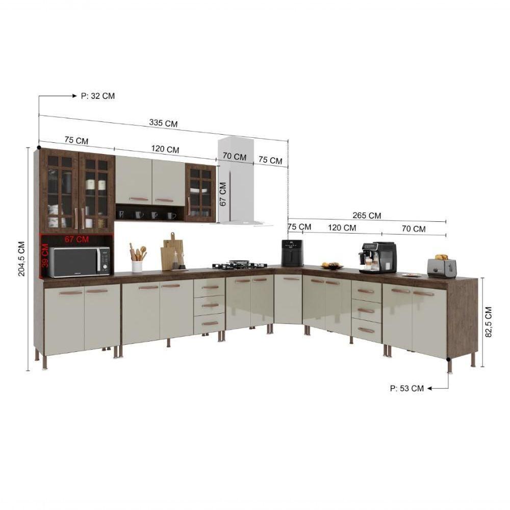 Cozinha Modulada Completa Fidelitá Lisboa 7 Peças 600cm 16 Portas 6 Gavetas Com Tampo Noce/off-white - 3