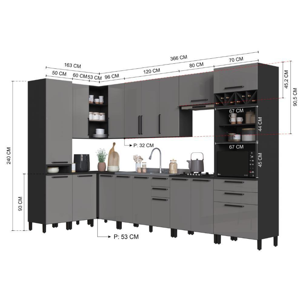 Cozinha Modulada Completa Fidelitá Mônaco 10 Peças 529cm 17 Portas 4 Gavetas Sem Tampo Chumbo/titânio - 4
