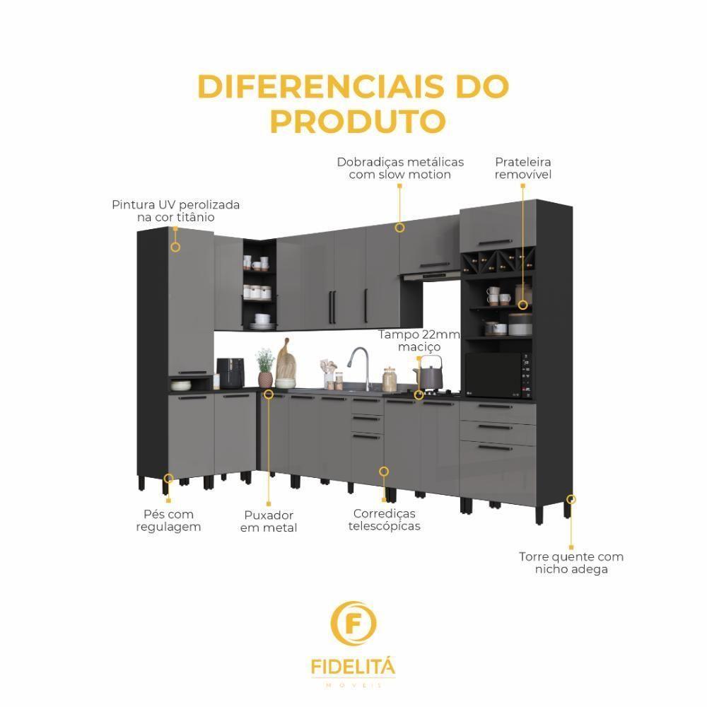 Cozinha Modulada Completa Fidelitá Mônaco 10 Peças 529cm 17 Portas 4 Gavetas Sem Tampo Chumbo/titânio - 5