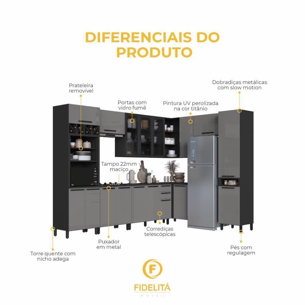 Cozinha Modulada Completa Fidelitá Mônaco 9 Peças 549cm 17 Portas 2 Gavetas Com Tampo Chumbo/titânio - 5