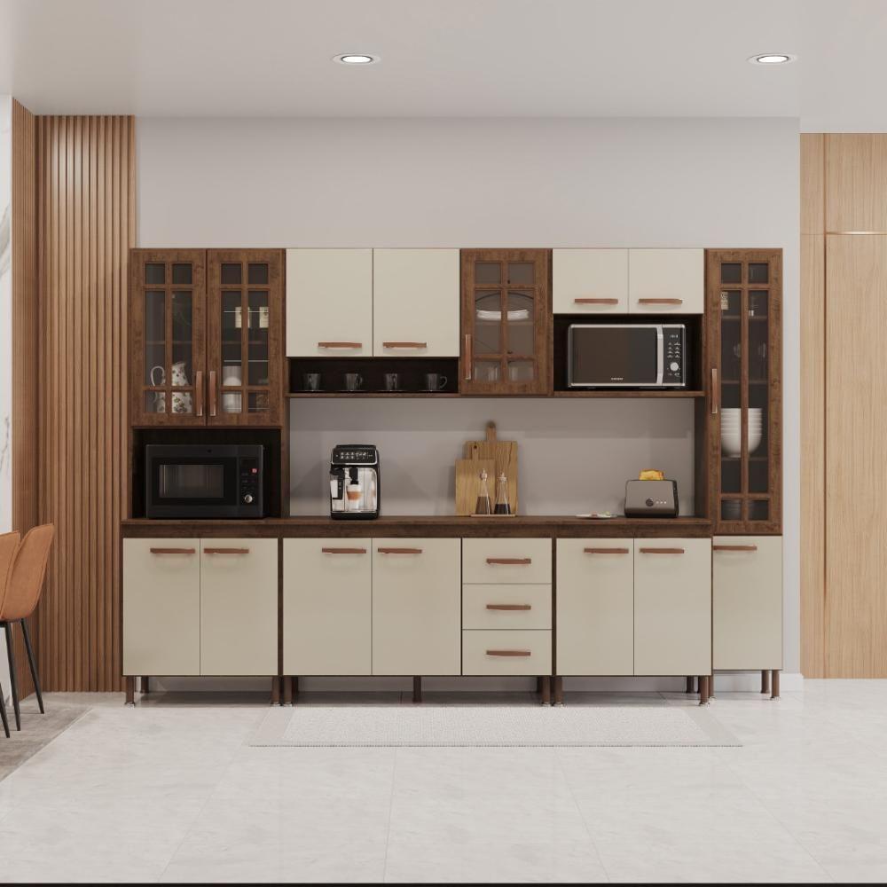 Cozinha Modulada Completa Fidelitá Lisboa 6 Peças 295cm 15 Portas 3 Gavetas Com Tampo Noce/off-white - 1
