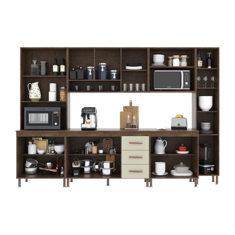 Cozinha Modulada Completa Fidelitá Lisboa 6 Peças 295cm 15 Portas 3 Gavetas Com Tampo Noce/off-white - 2