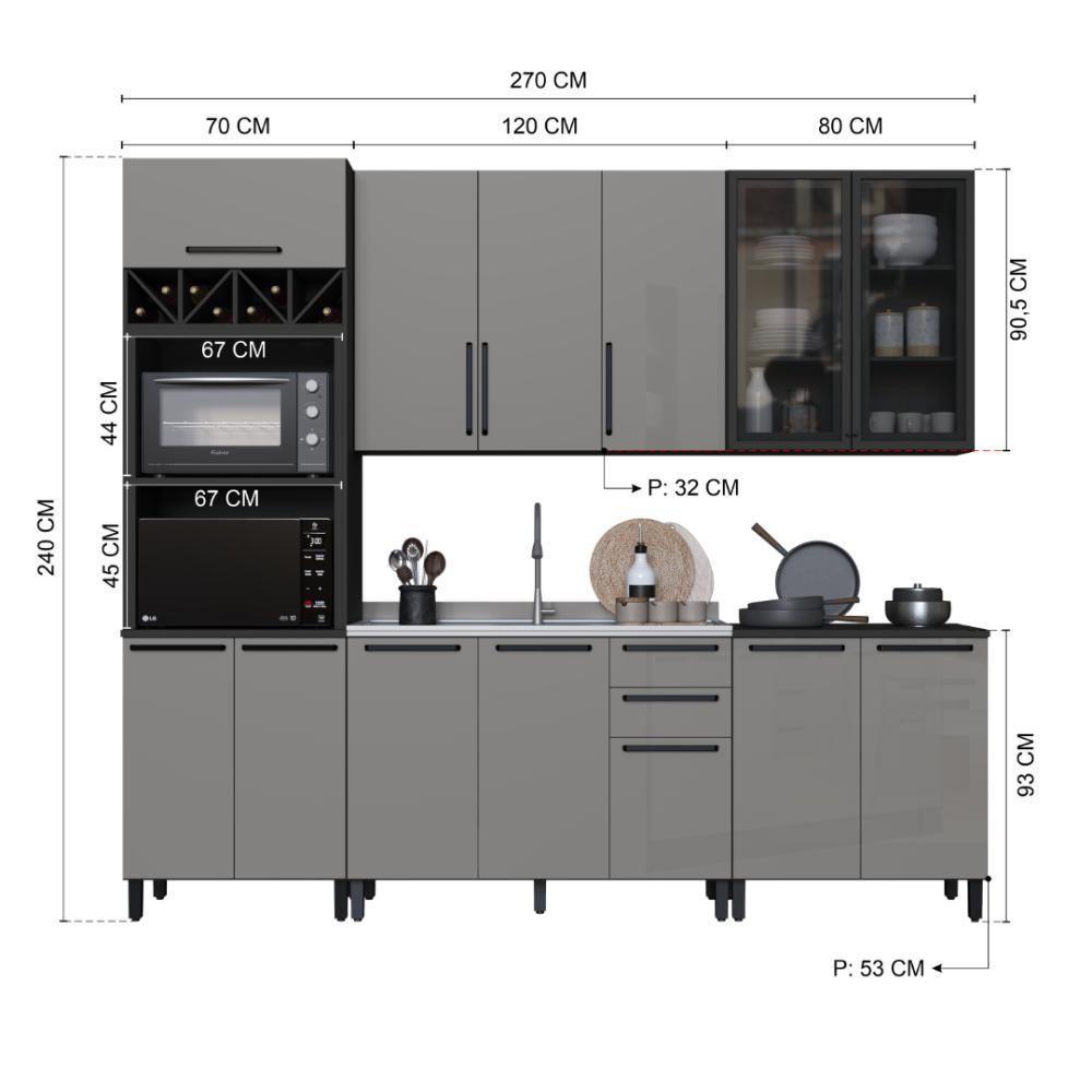 Cozinha Modulada Completa Fidelitá Mônaco 5 Peças 270cm 13 Portas 2 Gavetas Sem Tampo Chumbo/titânio - 4