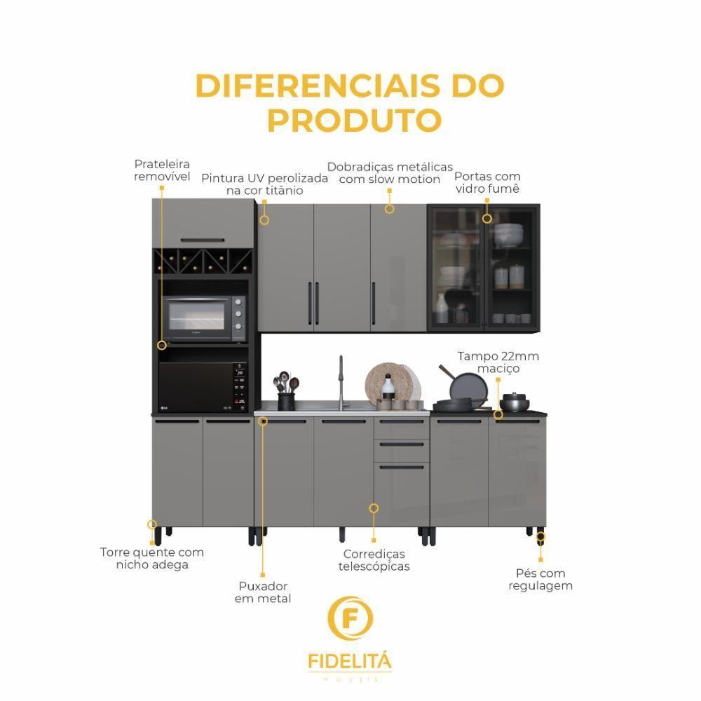 Cozinha Modulada Completa Fidelitá Mônaco 5 Peças 270cm 13 Portas 2 Gavetas Sem Tampo Chumbo/titânio - 5