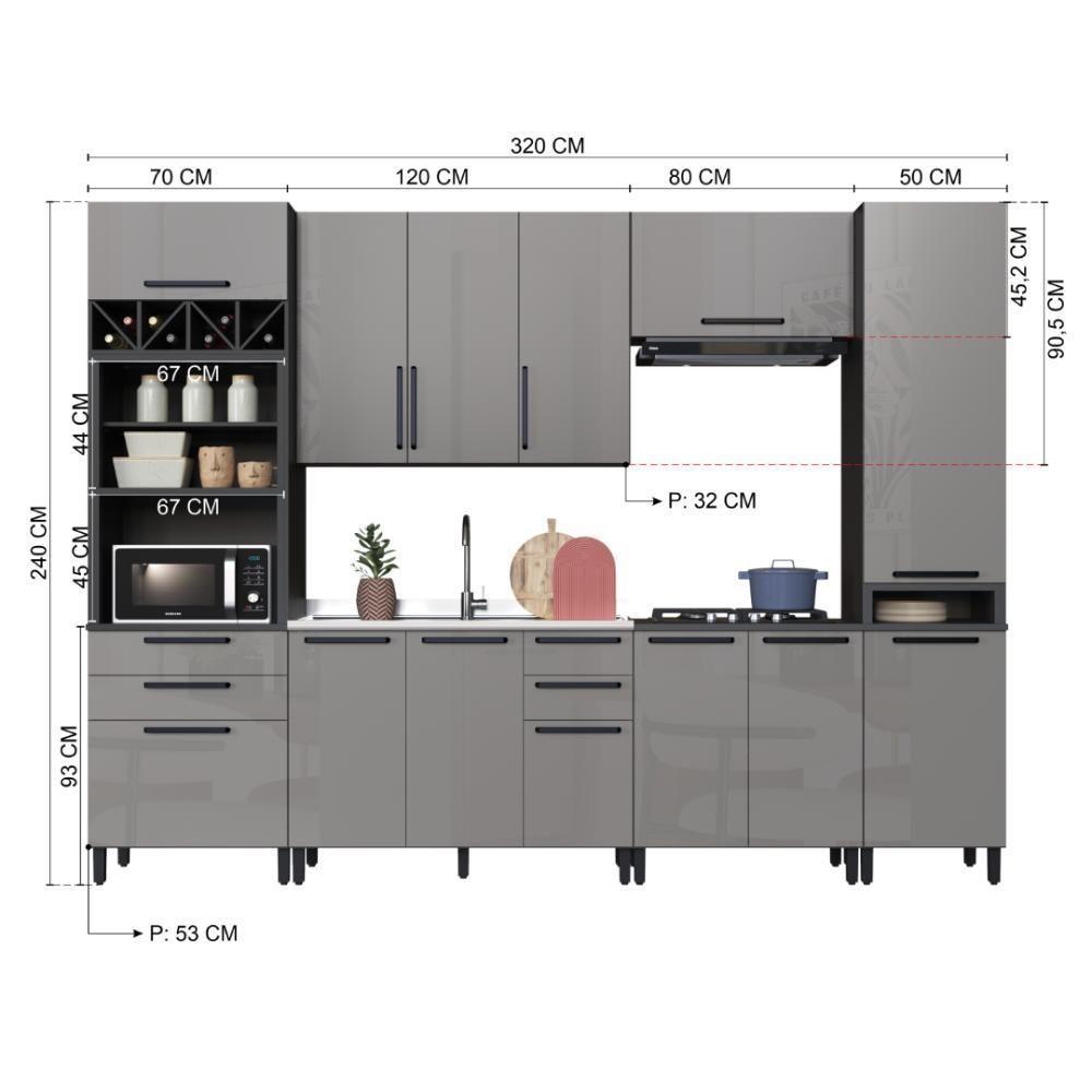 Cozinha Modulada Completa Fidelitá Mônaco 6 Peças 320cm 13 Portas 4 Gavetas Sem Tampo Chumbo/titânio - 4