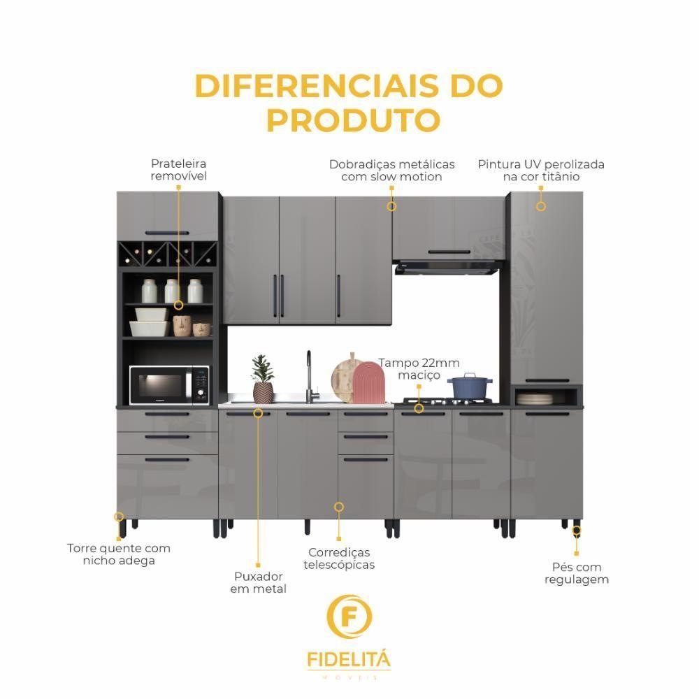 Cozinha Modulada Completa Fidelitá Mônaco 6 Peças 320cm 13 Portas 4 Gavetas Sem Tampo Chumbo/titânio - 5