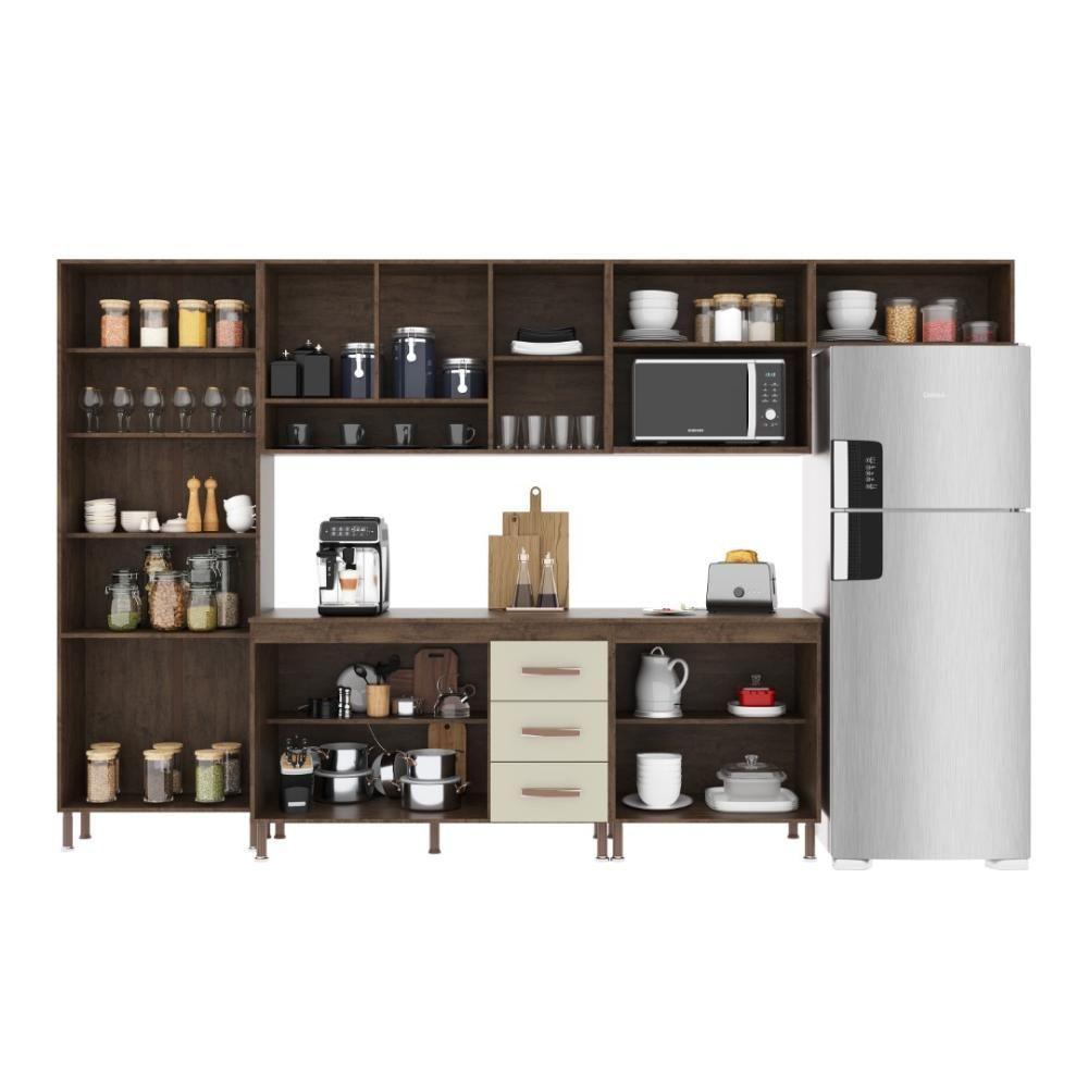 Cozinha Modulada Completa Fidelitá Lisboa 6 Peças 330cm 15 Portas 3 Gavetas Com Tampo Noce/off-white - 2