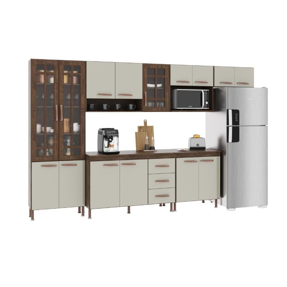 Cozinha Modulada Completa Fidelitá Lisboa 6 Peças 330cm 15 Portas 3 Gavetas Com Tampo Noce/off-white - 3