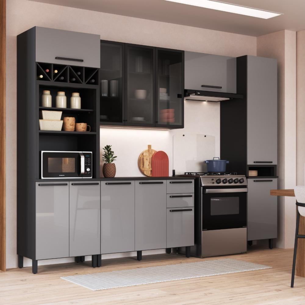 Cozinha Modulada Completa Fidelitá Mônaco 5 Peças 320cm 12 Portas 2 Gavetas Com Tampo Chumbo/titânio - 1