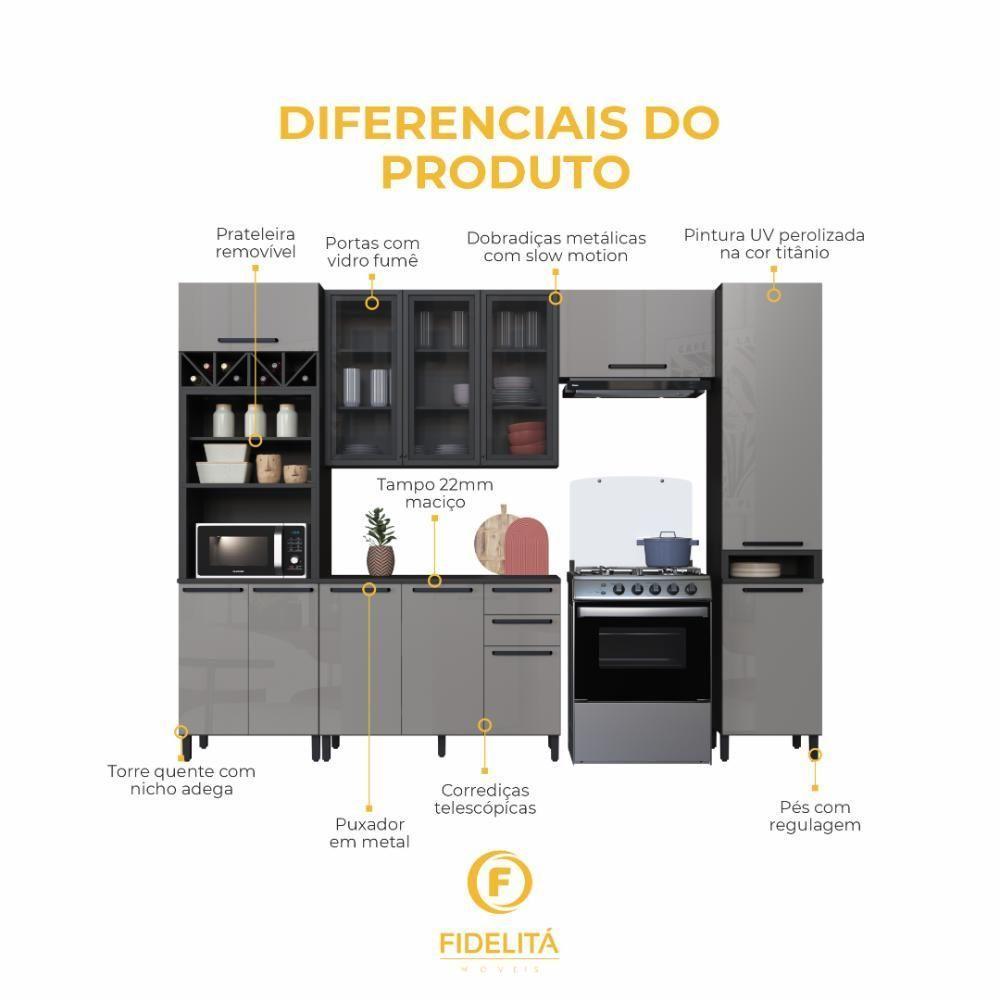 Cozinha Modulada Completa Fidelitá Mônaco 5 Peças 320cm 12 Portas 2 Gavetas Com Tampo Chumbo/titânio - 3