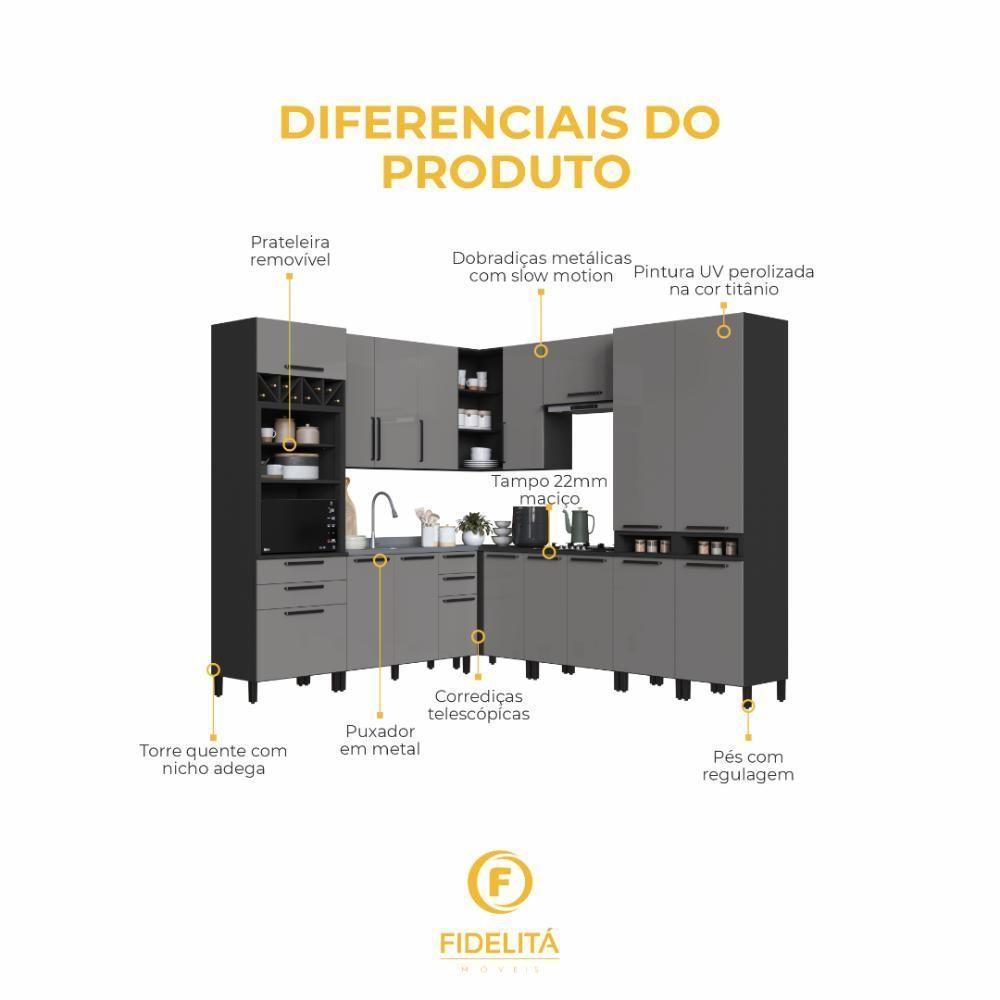 Cozinha Modulada Completa Fidelitá Mônaco 9 Peças 519cm 17 Portas 4 Gavetas Sem Tampo Chumbo/titânio - 5