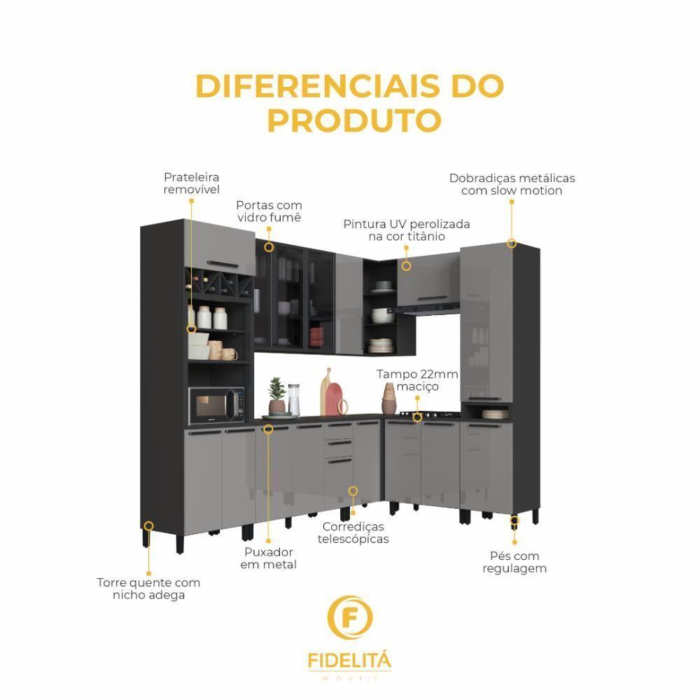Cozinha Modulada Completa Fidelitá Mônaco 8 Peças 469cm 16 Portas 2 Gavetas Com Tampo Chumbo/titânio - 5