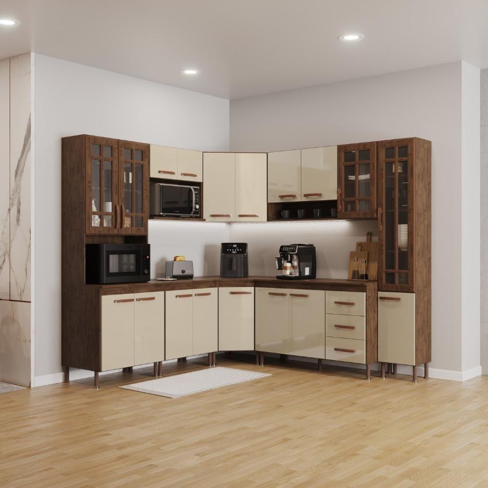 Cozinha Modulada Completa Fidelitá Lisboa 8 Peças 445cm 18 Portas 3 Gavetas Com Tampo Noce/off-white - 1