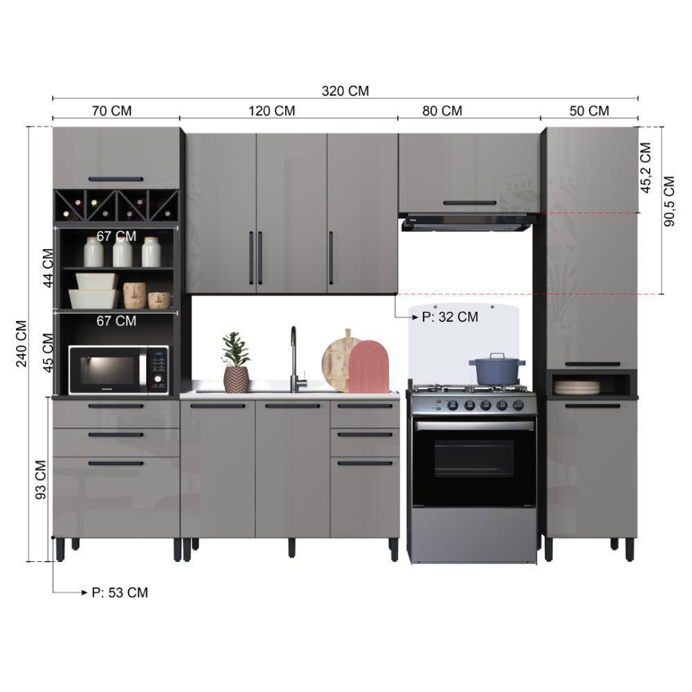 Cozinha Modulada Completa Fidelitá Mônaco 5 Peças 320cm 11 Portas 4 Gavetas Sem Tampo Chumbo/titânio - 4