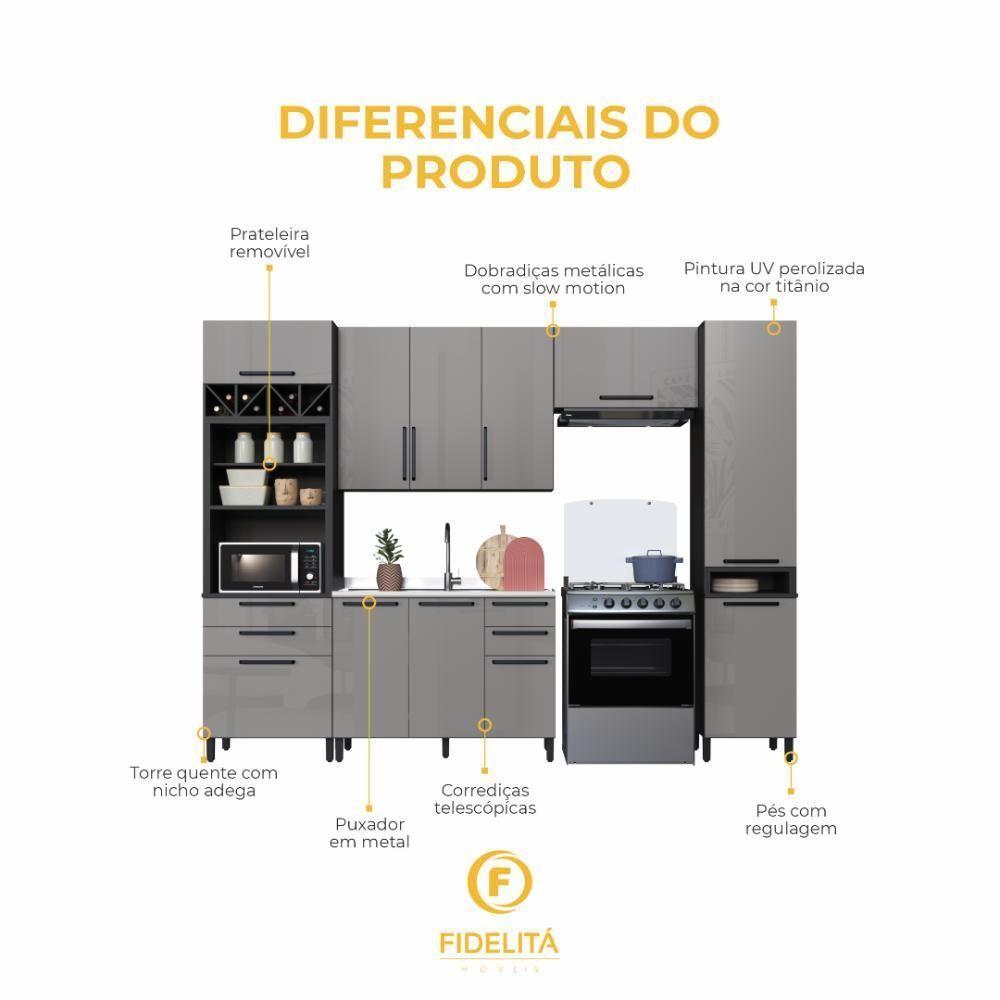 Cozinha Modulada Completa Fidelitá Mônaco 5 Peças 320cm 11 Portas 4 Gavetas Sem Tampo Chumbo/titânio - 5