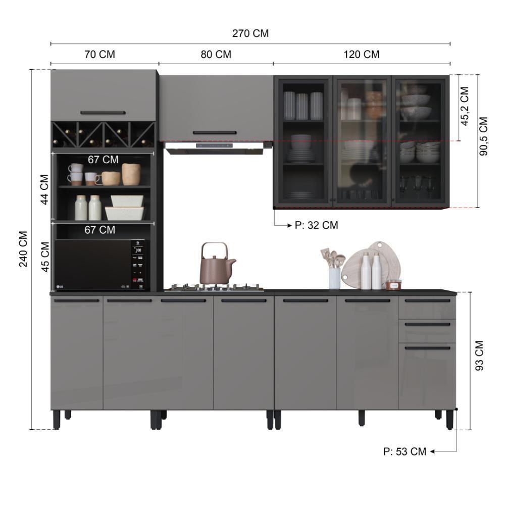 Cozinha Modulada Completa Fidelitá Mônaco 5 Peças 270cm 12 Portas 2 Gavetas Com Tampo Chumbo/titânio - 4
