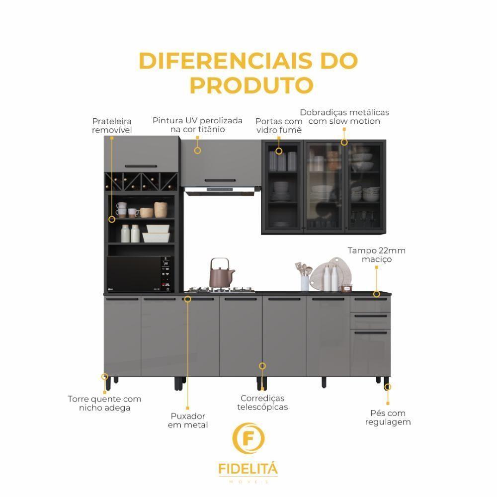 Cozinha Modulada Completa Fidelitá Mônaco 5 Peças 270cm 12 Portas 2 Gavetas Com Tampo Chumbo/titânio - 5