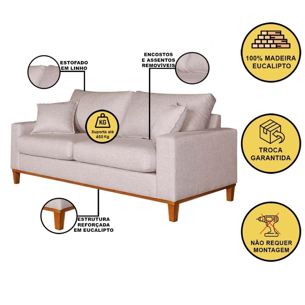 Sofá 3 Lugares Confortável Com Base Resistente Madeira Linho Bege - 2