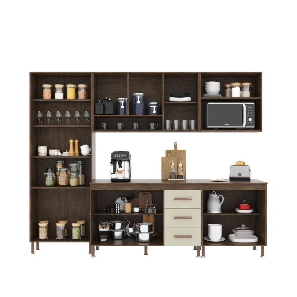 Cozinha Modulada Completa Fidelitá Lisboa 5 Peças 260cm 13 Portas 3 Gavetas Com Tampo Noce/off-white - 2