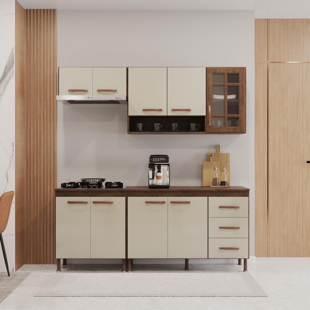 Cozinha Modulada Compacta Fidelitá Lisboa 4 Peças 190cm 9 Portas 3 Gavetas Com Tampo Noce/off-white - 1