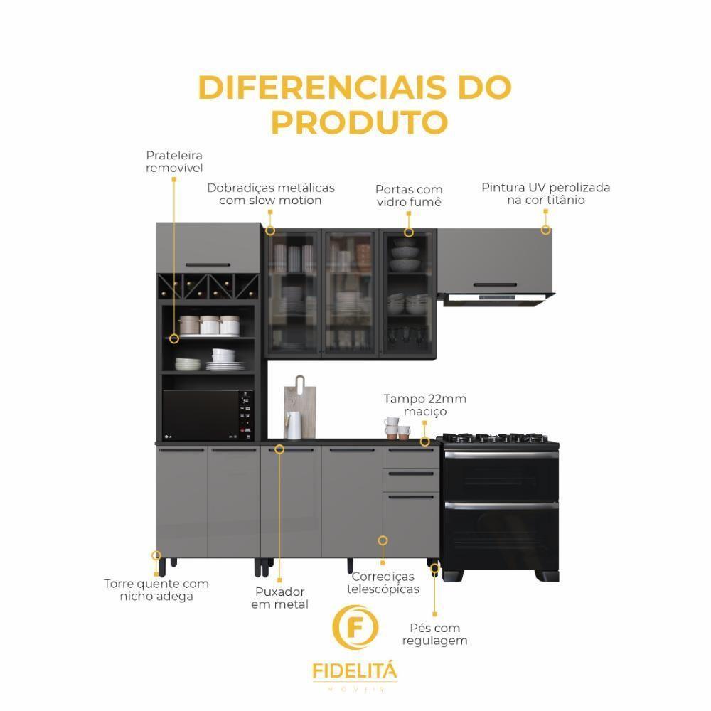 Cozinha Modulada Compacta Fidelitá Mônaco 4 Peças 270cm 10 Portas 2 Gavetas Com Tampo Chumbo/titânio - 5