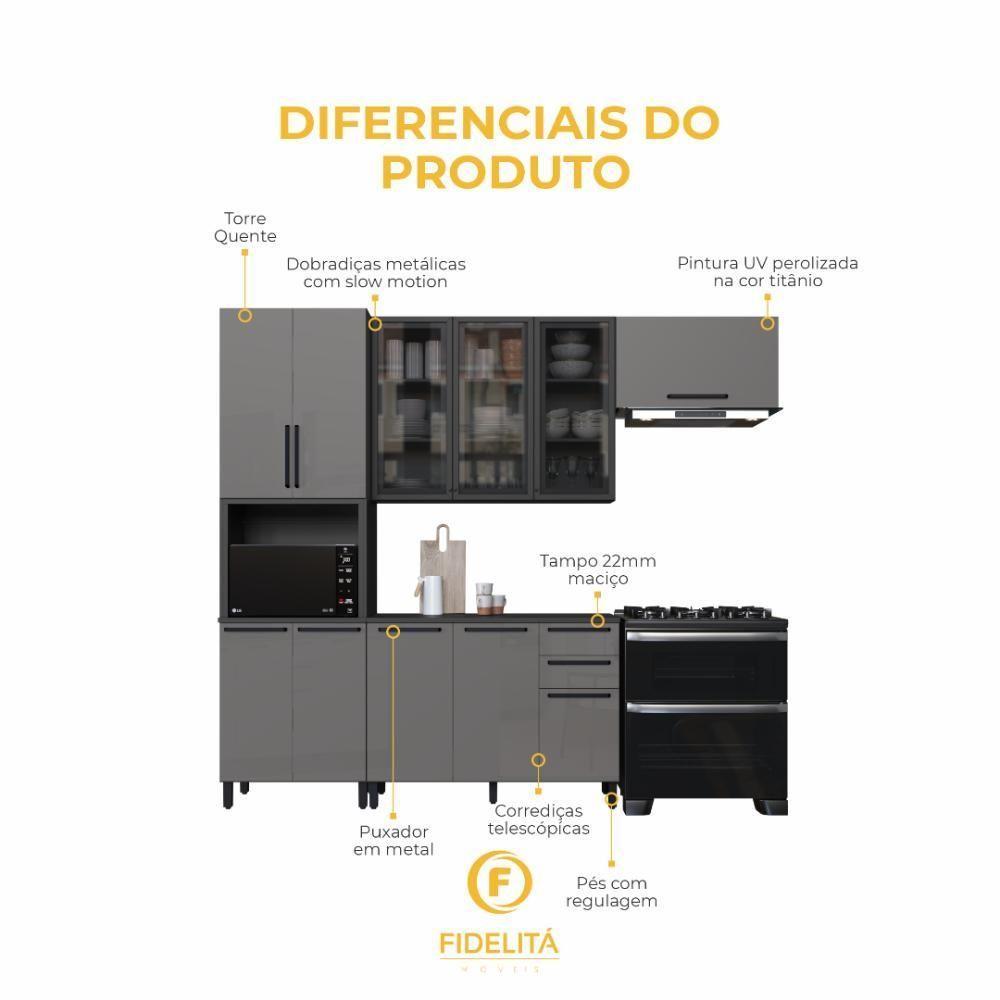 Cozinha Modulada Compacta Fidelitá Mônaco 4 Peças 270cm 11 Portas 2 Gavetas Com Tampo Chumbo/titânio - 5