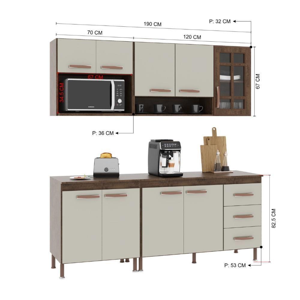 Cozinha Modulada Compacta Fidelitá Lisboa 4 Peças 190cm 9 Portas 3 Gavetas Com Tampo Noce/off-white - 4