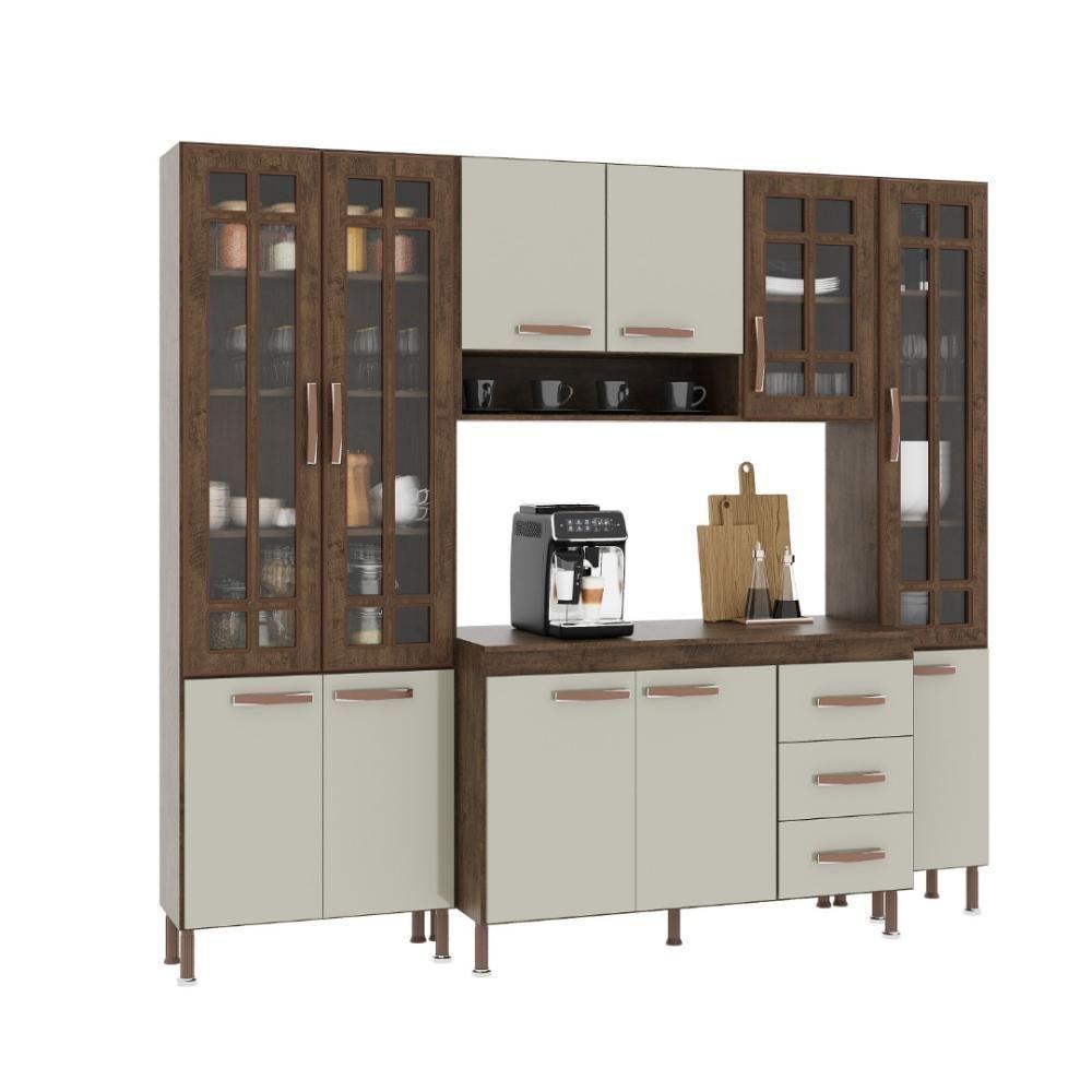 Cozinha Modulada Compacta Fidelitá Lisboa 4 Peças 225cm 11 Portas 3 Gavetas Com Tampo Noce/off-white - 2